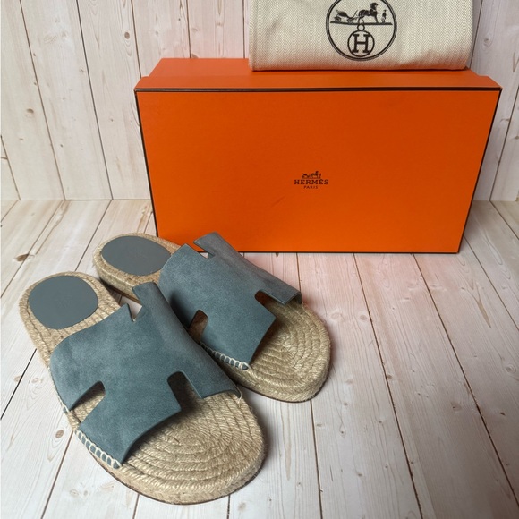 Hermes Mens Antigua Chevre Velours Espadrille Sandal Gris Antarctique Sz 43 / 10 main image 5